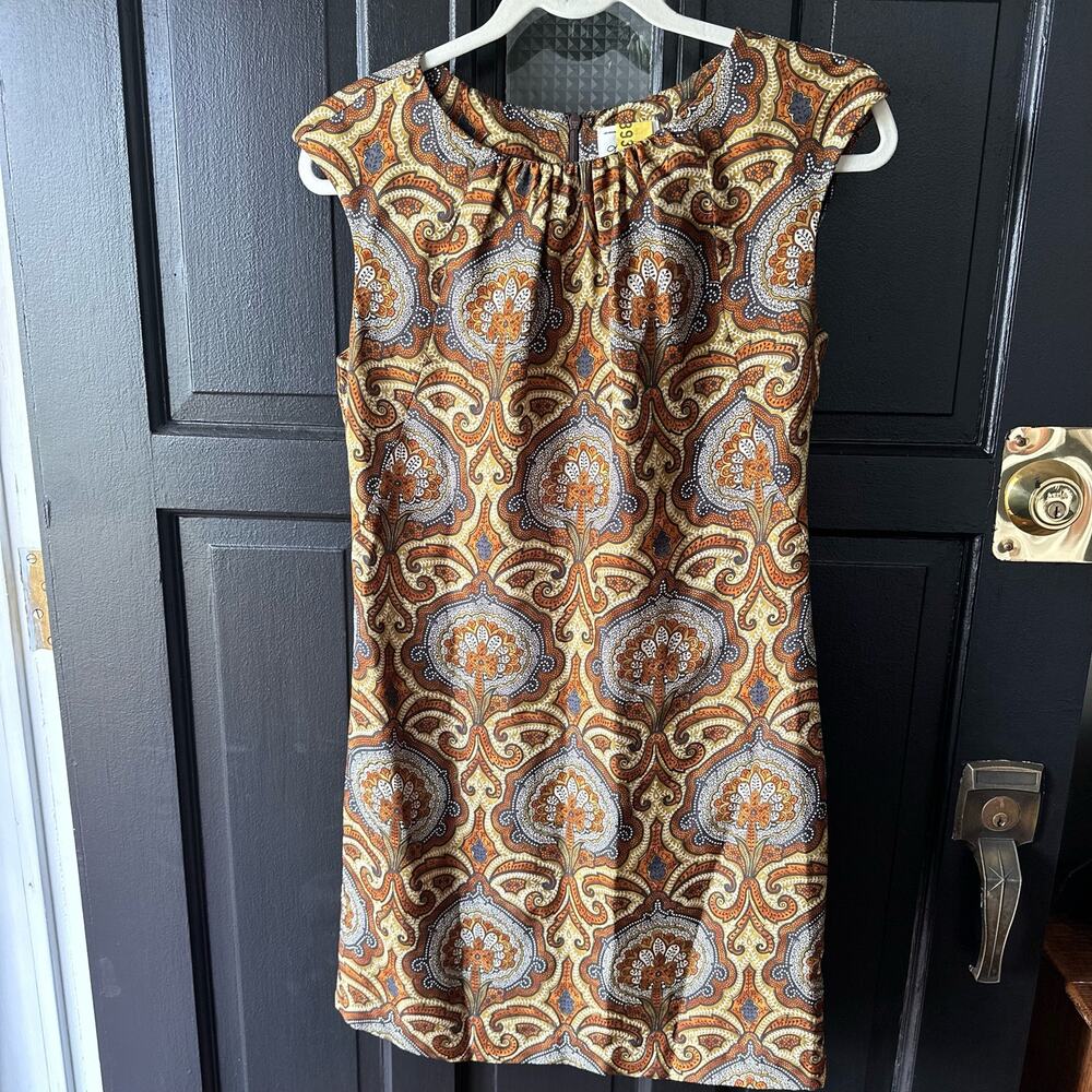 Milly of New York Silk Paisley Sheath Dress Sz 4 Cap Sleeves Brown Gold